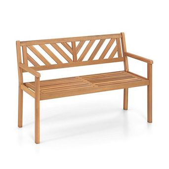 Acacia Wood Outdoor Bench 2 Person Seating Furniture with Armrests and Slatted Design