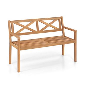 Acacia Wood Patio Bench 2 Person Outdoor Seating with Slatted Seat for Backyard