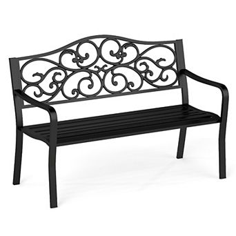 Outdoor Garden Bench with Cast Iron Floral Backrest and Curved Armrests
