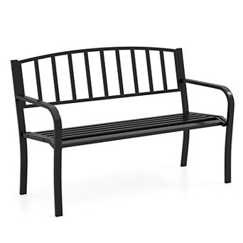 Outdoor Metal Bench Patio Garden Porch Seating Bench with Slatted Backrest