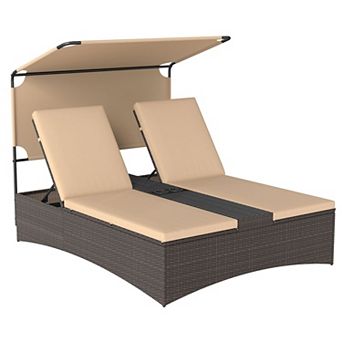 Outdoor Double Chaise Lounge with Canopy Side Tables and Adjustable Backrests and Cup Holders