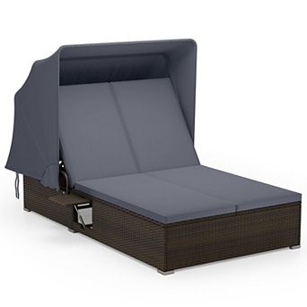 Outdoor Double Chaise Lounge with Retractable Canopy with Foldable Side Tables