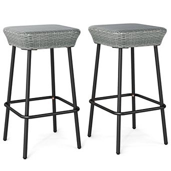 Outdoor Bar Stool Set with PE Rattan Seat, Footrest and Metal Frame