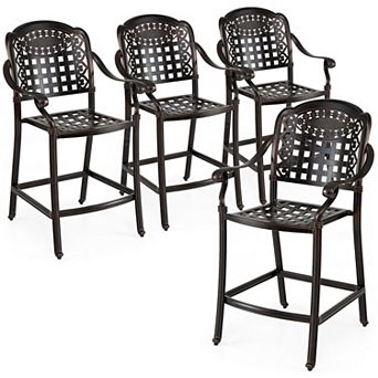 Patio Bar Stools with Floral Mesh Design and Armrests Set