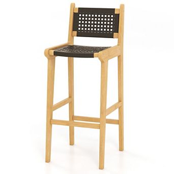 Teak Wood Outdoor Stool with Woven Rattan Seat Back and Footrest for Patio