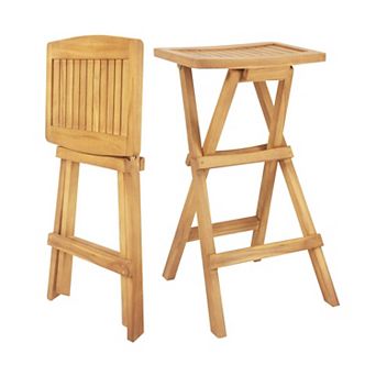 Folding Counter Height Stool with Teak Wood Frame and Footrest for Patio