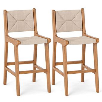 Outdoor Counter Height Bar Stool with Teak Wood Frame Built In Footrest and Backrest