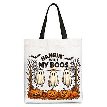 Boho Spooky Season Ghost Tote Bag, Cute Halloween Gift Shopper with Fall Pumpkins