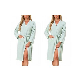 2 Packs Women's Cotton Robe Long Sleeve V-Neck Loungewear Lightweight Spa Long Bathrobe with Pockets