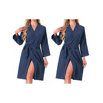 2 Packs Women's Cotton Robe Long Sleeve V-Neck Loungewear Lightweight Spa Long Bathrobe with Pockets