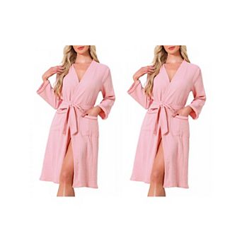2 Packs Women's Cotton Robe Long Sleeve V-Neck Loungewear Lightweight Spa Long Bathrobe with Pockets