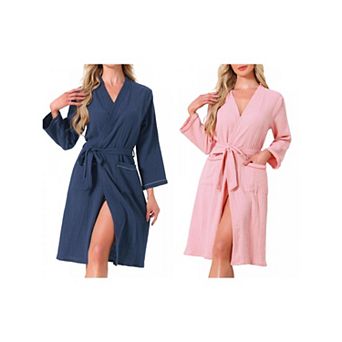 2 Packs Women's Cotton Robe Long Sleeve V-Neck Loungewear Lightweight Spa Long Bathrobe with Pockets