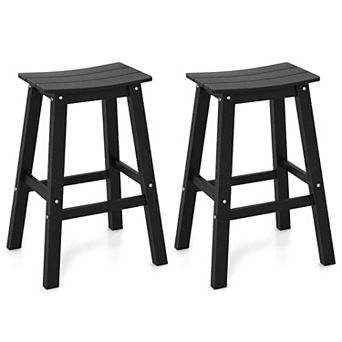 Set of 2 Patio Bar Stools with Slatted Saddle Seat, Outdoor Bar Height Chairs with Footrest