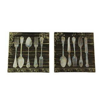 Vintage Finish Wood Look Antique Silverware Canvas Wall Prints 2 pc Set