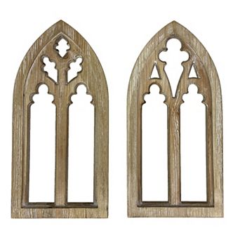 Whitewashed Wood Gothic Arch Window Frame Wall Decor 2 pc Set