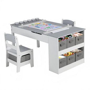 Kinder King 3-in-1 Kid Wood Table & Art Easel Chairs Set with 6 Storage Bins,Paper Roll & Paint Cups