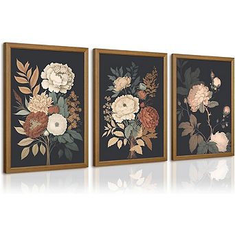 Vintage Dark Floral Canvas Wall Art Moody Botanical Farmhouse Prints, Unframed Set of 3