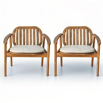 2 pc Acacia Wood Patio Club Chairs, Accent Chair with Armrests & Cushions, Leisure Sofa for Outdoor
