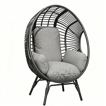 Oversized Wicker Egg Chair w/Stand, 500lb, Cushion, Indoor/Outdoor for Balcony, Patio, Backyard