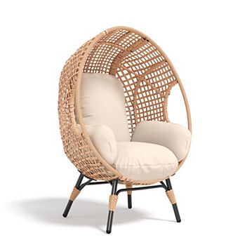 Oversized Wicker Egg Chair w/Stand, 500lb, Cushion, Indoor/Outdoor for Balcony, Patio, Backyard