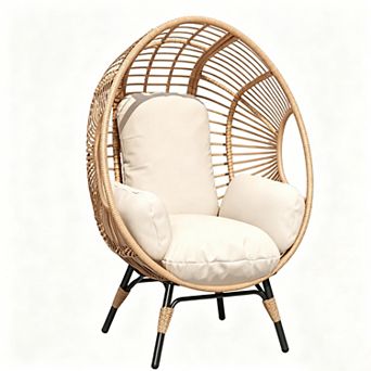 Oversized Wicker Egg Chair w/Stand, 500lb, Cushion, Indoor/Outdoor for Balcony, Patio, Backyard