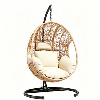 Oversized Hanging Egg Chair w/ Stand, Wicker, 400lb Cap, for Patio/Garden/Balcony