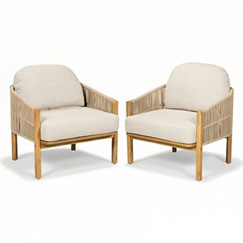 Outdoor Club Chair, Acacia Wood Patio Leisure Chair, Boho Accent Chair with Armrests & Cushions