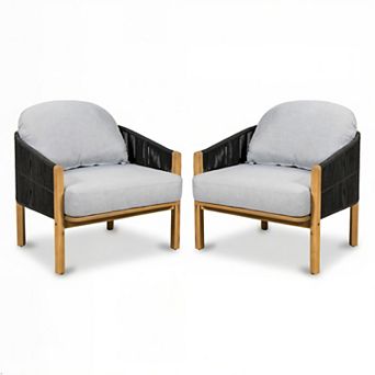 Outdoor Club Chair, Acacia Wood Patio Leisure Chair, Boho Accent Chair with Armrests & Cushions