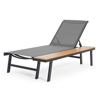 Chaise Lounge with Attached Wood Side Table - Adjustable Reclining for Lawn Porch Garden Patio