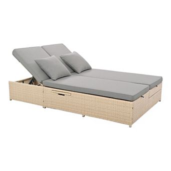 KWPZQEB Outdoor Double Sunbed with Adjustable Backrest & Dual Side Foldable Cup Trays for Poolside