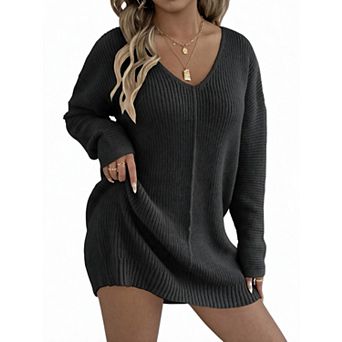 Women's V Neck Long Sleeve Pullover Sweater Dress