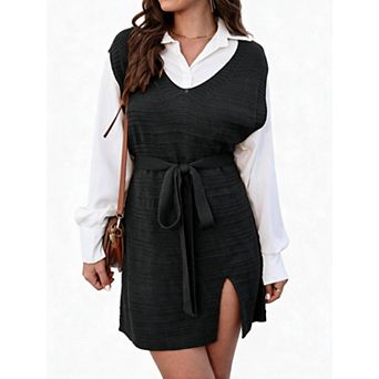Women's V Neck Sleeveless Pullover Sweater Dress