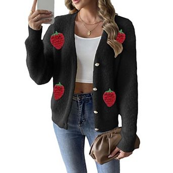 Women's Strawberry Print V Neck Long Sleeve Button Cardigan