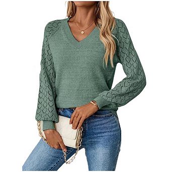 Women's V‑Neck Knit Sweater Lace Sleeve Raglan Pullover Casual Relaxed Fit Jumper for Daily Wear