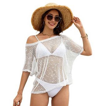Women's Sheer Mesh Swim Cover‑Up Short Sleeve Loose Knit Beach Top for Vacation Poolside Wear