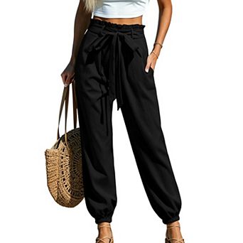 Womens Paper Bag Bow Knot Pencil Pants Business Casual Office Joggers Harem Pants with Pockets