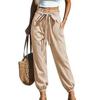Womens Paper Bag Bow Knot Pencil Pants Business Casual Office Joggers Harem Pants with Pockets