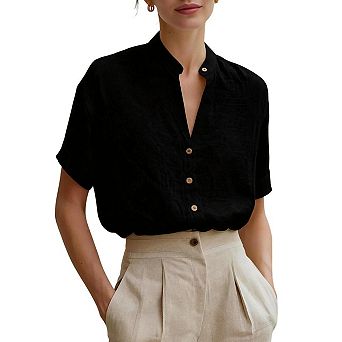 Women Stand Collar V Neck Short Sleeve Blouse Loose Casual Commuter Top
