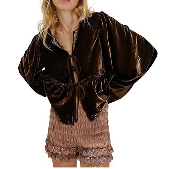 Women Tie Front V Neck Ruffle Hem Balloon Long Sleeve Blouse Sweet Top