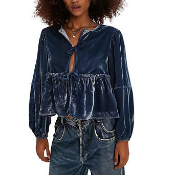 Women Tie Front V Neck Ruffle Hem Balloon Long Sleeve Blouse Sweet Top