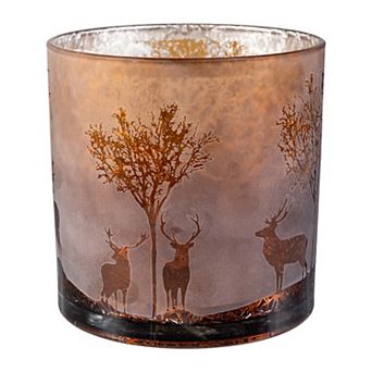 Evergreen 6-Inch Glass Etched Reindeer & Trees Pillar Candle Holder
