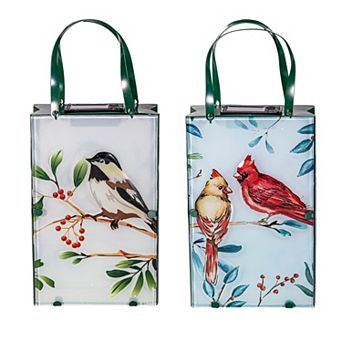 Evergreen Hand Painted Glass Cardinals Solar Lantern Outdoor Decor