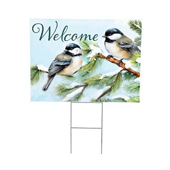 Evergreen "Welcome" Chickadees Outdoor Decor Yard Sign
