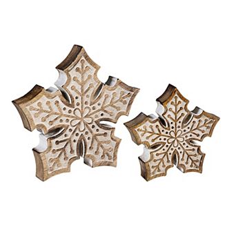 Evergreen Wood Carved Snowflake Table Decor Set of 2