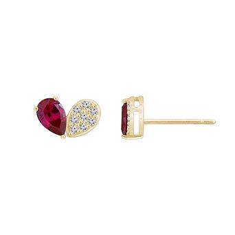 DIAMONBLISS Pear Cut Created Ruby And Pave Lab Grown Diamond Heart Shaped Stud Earrings