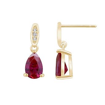 DIAMONBLISS Pear Cut Created Ruby With Lab Grown Diamond Accent Drop Earrings