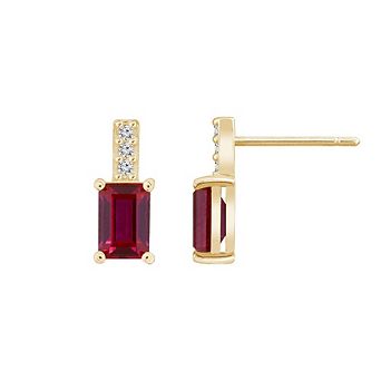 DIAMONBLISS Emerald Cut Created Ruby With Lab Grown Diamond Accent Vertical Bar Drop Earrings