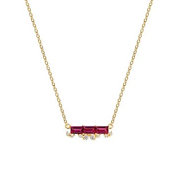 DIAMONBLISS Baguette Cut Created Ruby With Floating Lab Grown Diamond Bar Pendant Necklace