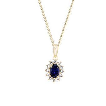DIAMONBLISS Oval Cut Created Sapphire With Lab Grown Diamond Accent Halo Pendant Necklace