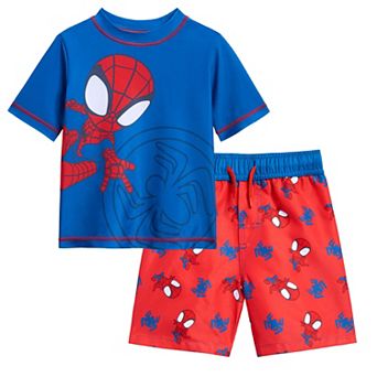 Marvel Spidey and His Amazing Friends 2 pc Rash Guard and Swim Trunks Set